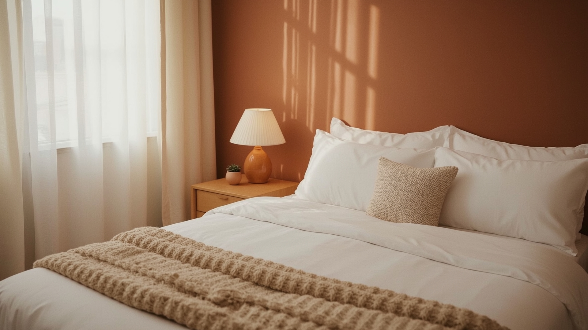 Budget bedroom with layered white bedding terracotta accent wall and warm bedside lamp