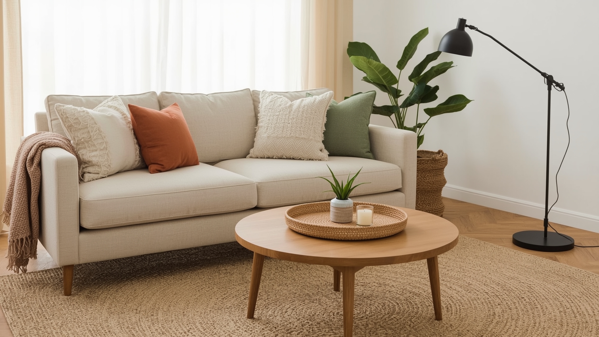 Budget styled living room with linen sofa layered throw pillows jute rug and arc lamp
