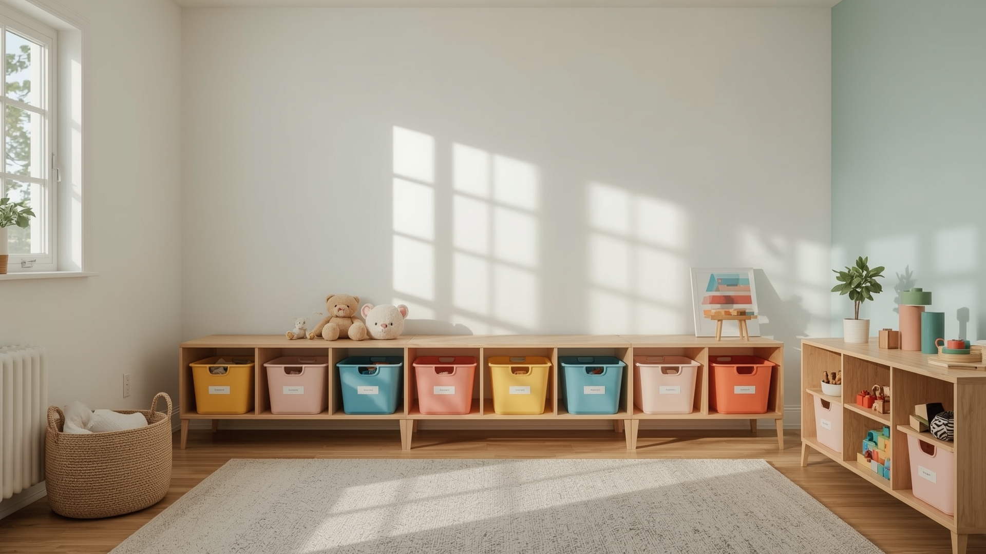 Colorful organized kids playroom with open storage bins sorted by toy category