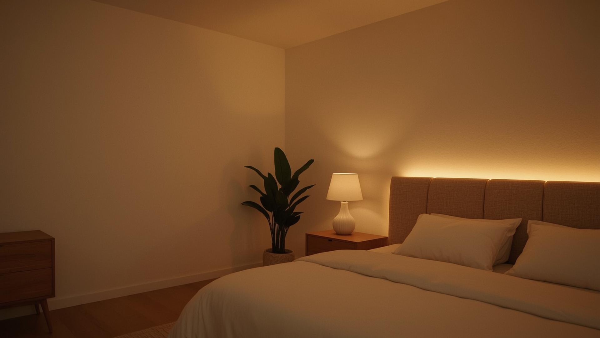 Cozy bedroom showing ambient task and accent lighting layers in warm tones