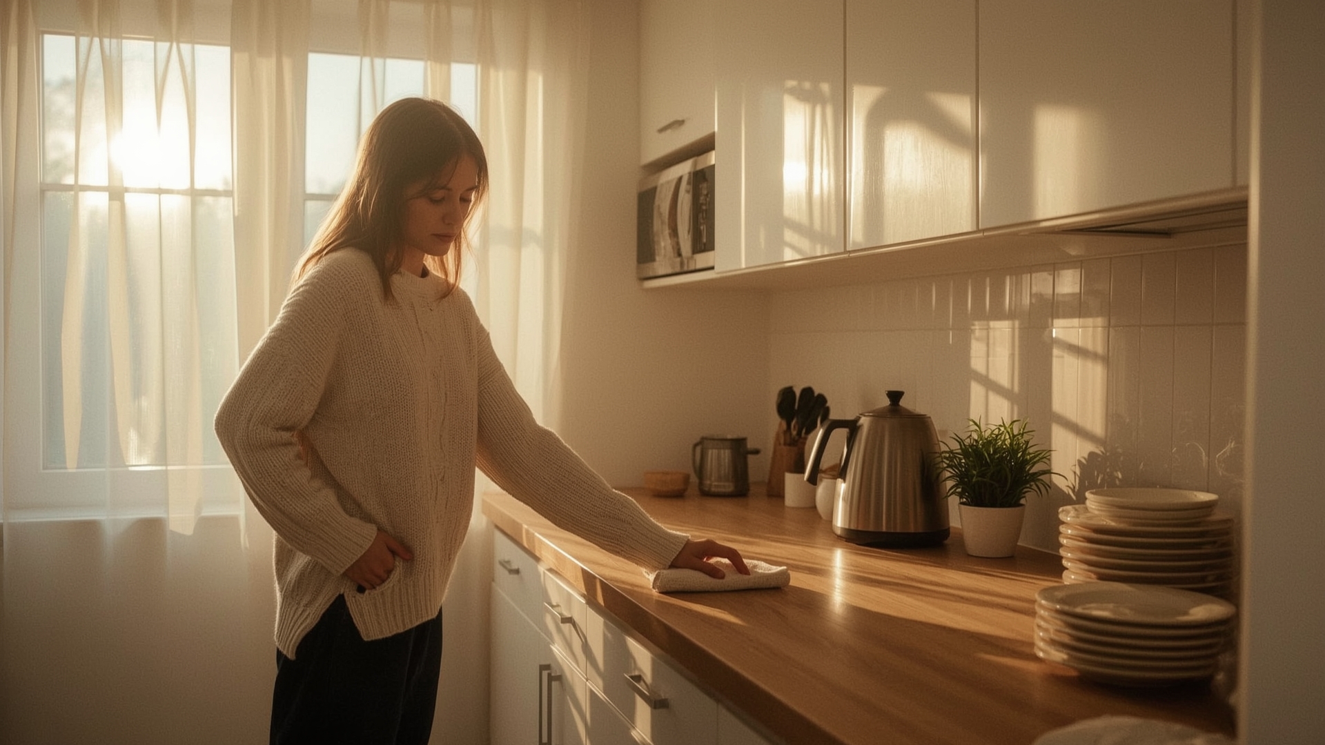 Mom wiping kitchen counter during morning cleaning routine while coffee brews