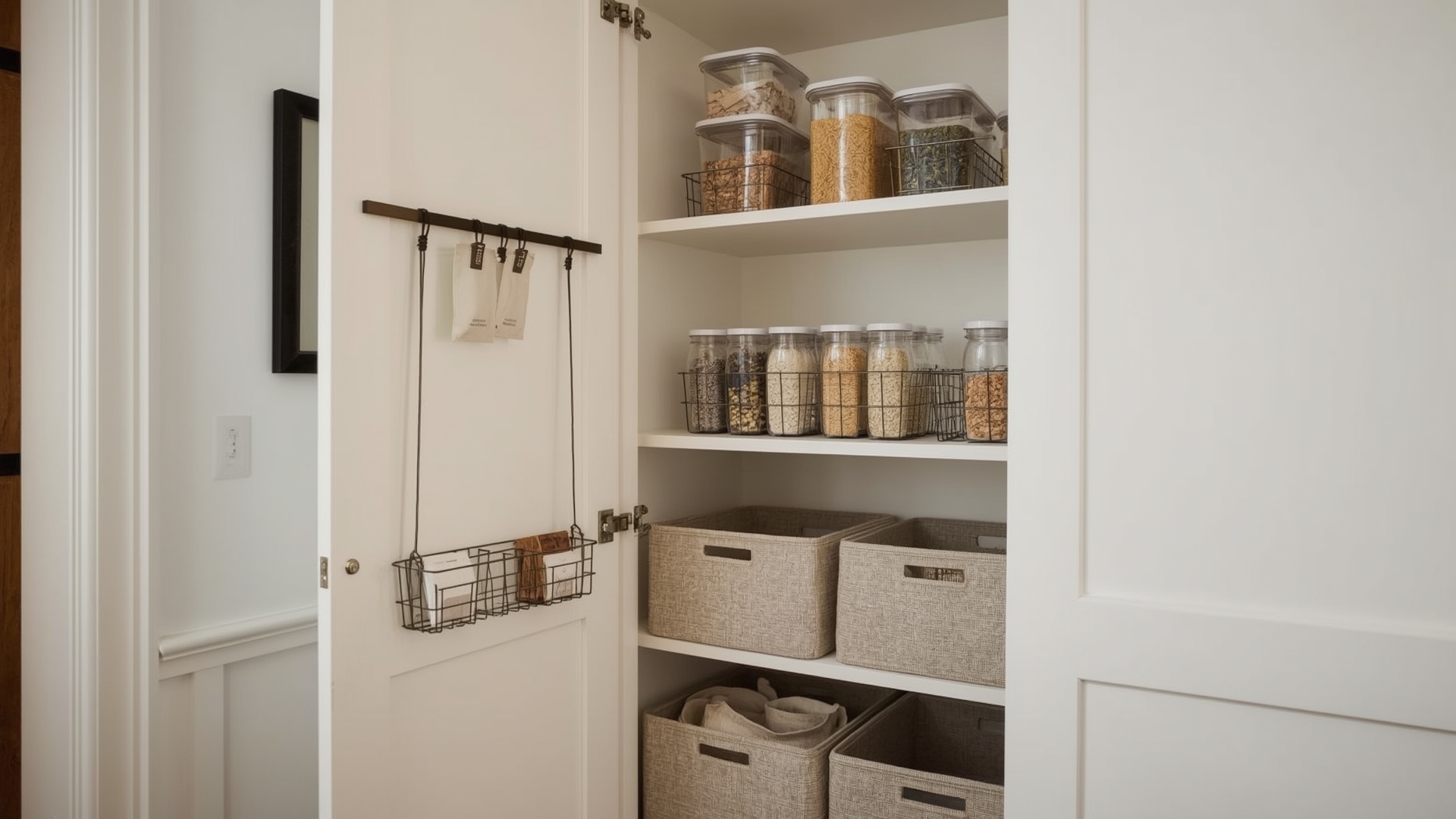 Narrow pantry cabinet with vertical storage solutions including stackable bins and door organizer