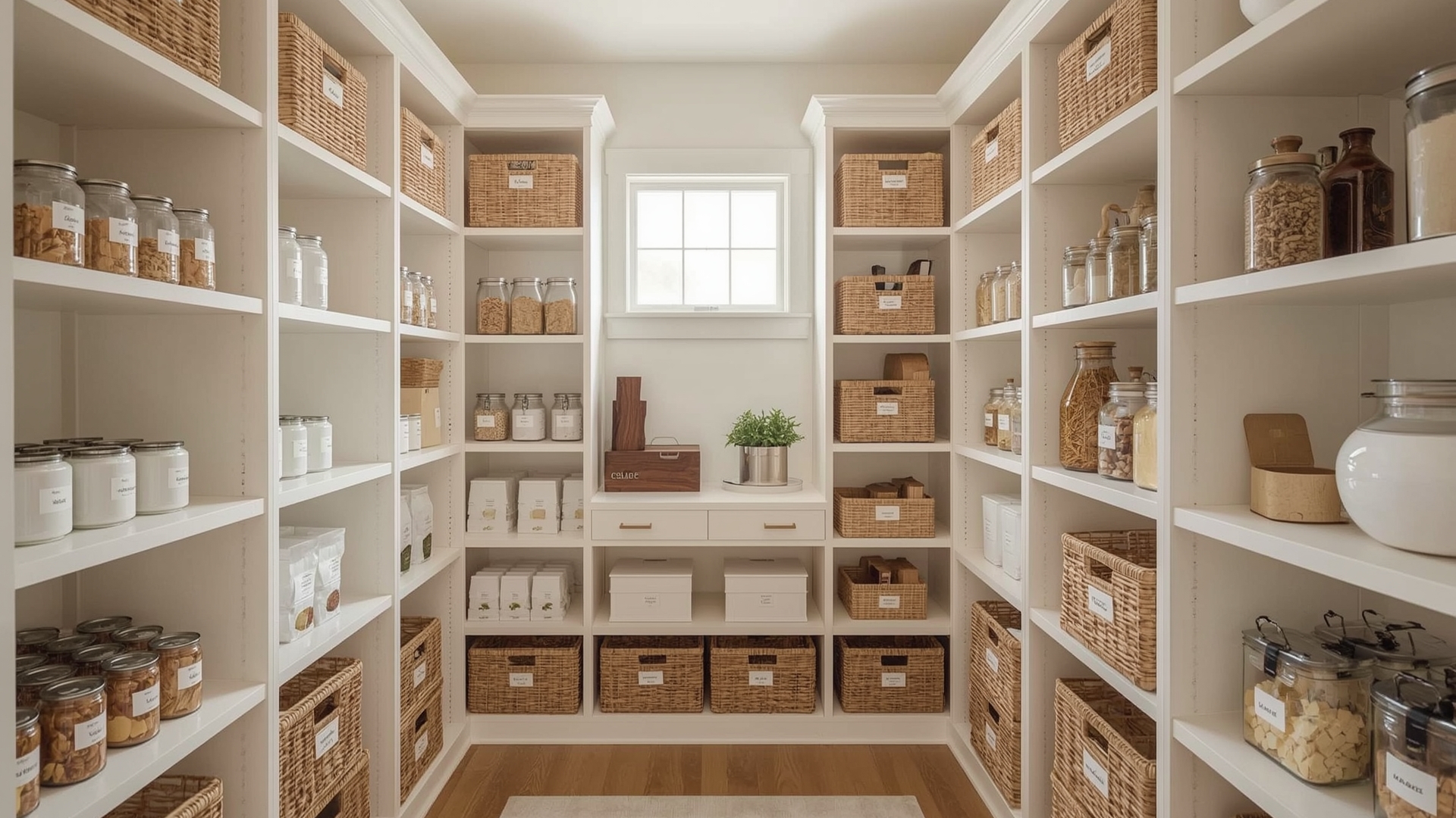 Neatly organized pantry divided into labeled zones with clear containers on wooden shelves
