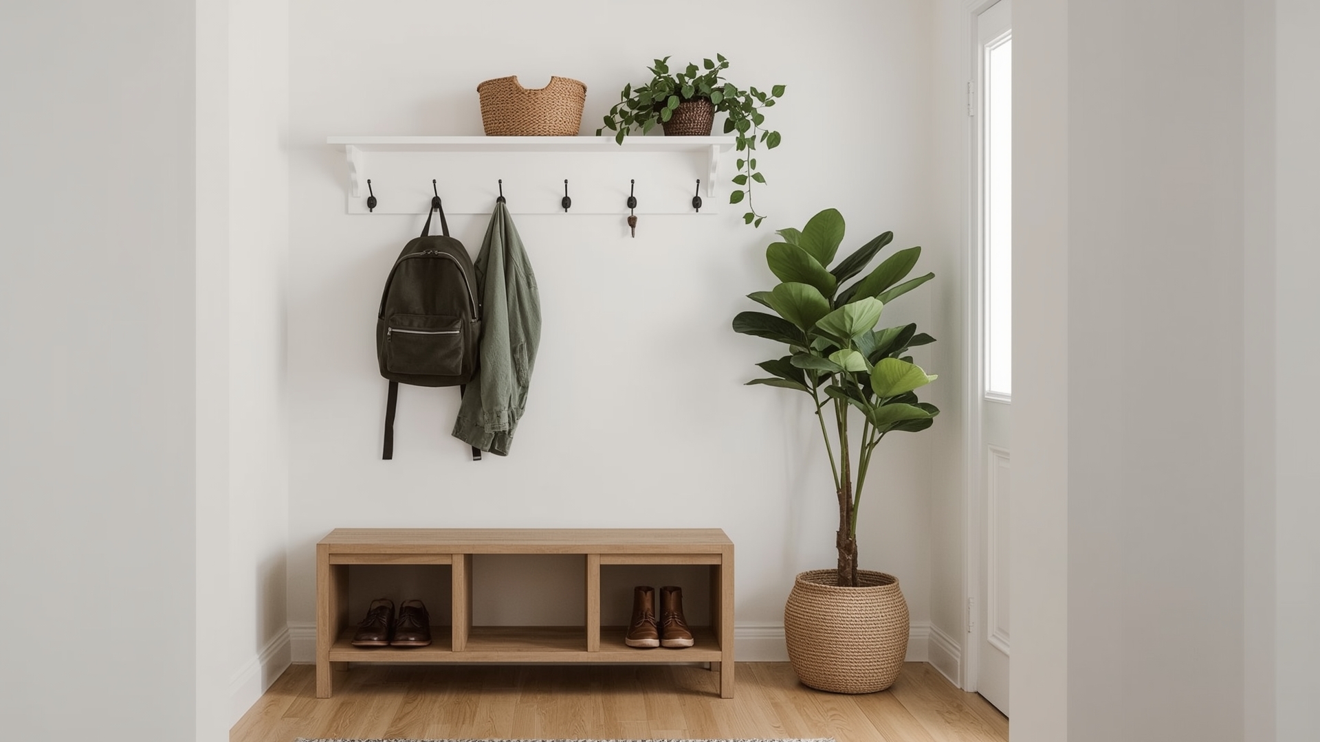 Organized family entryway with wall hooks backpack storage and shoe cubby bench