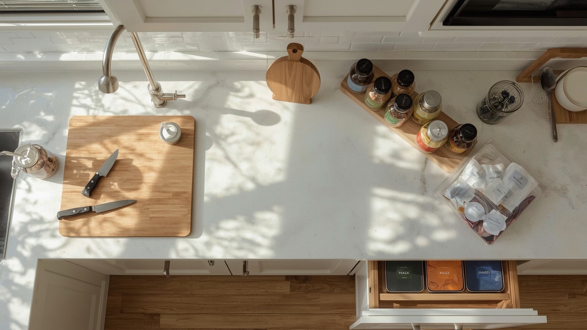 Organized family kitchen with zone-based countertop layout and labeled storage bins