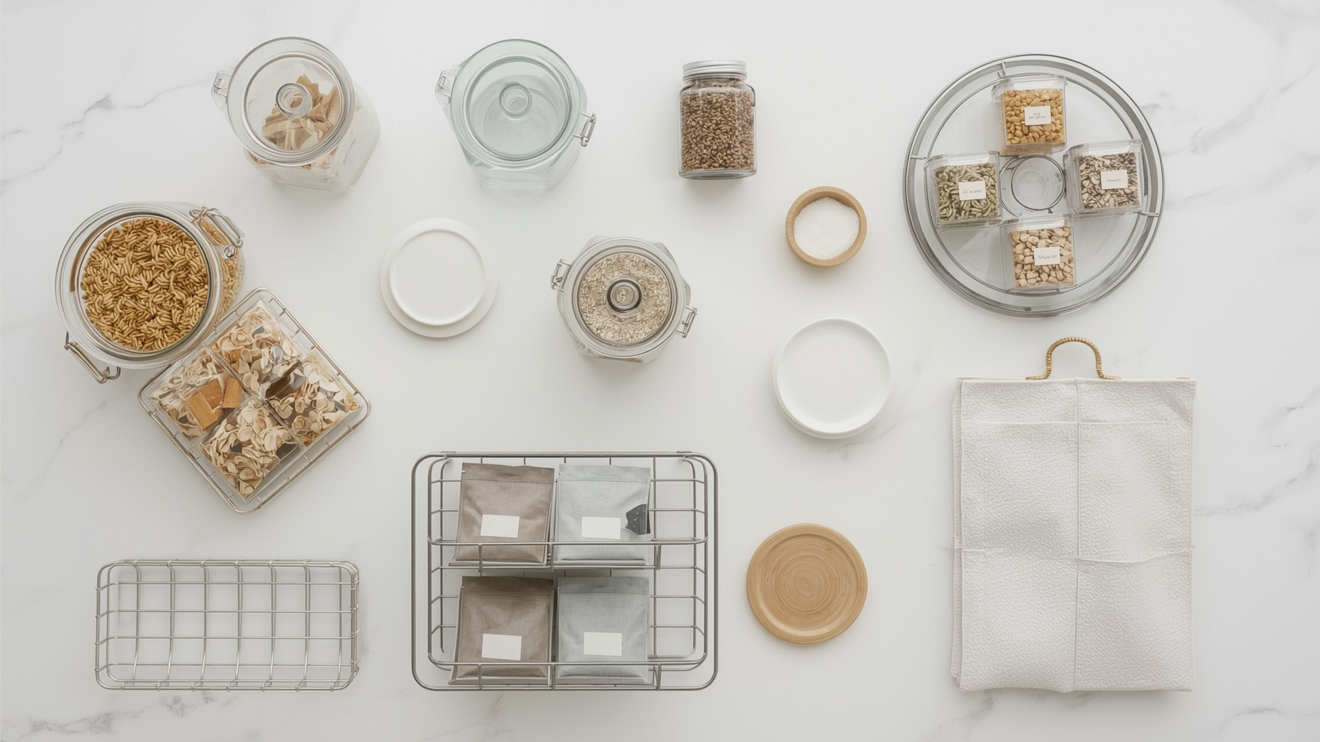 Overhead flat-lay of pantry storage containers including canisters baskets and turntable organizers