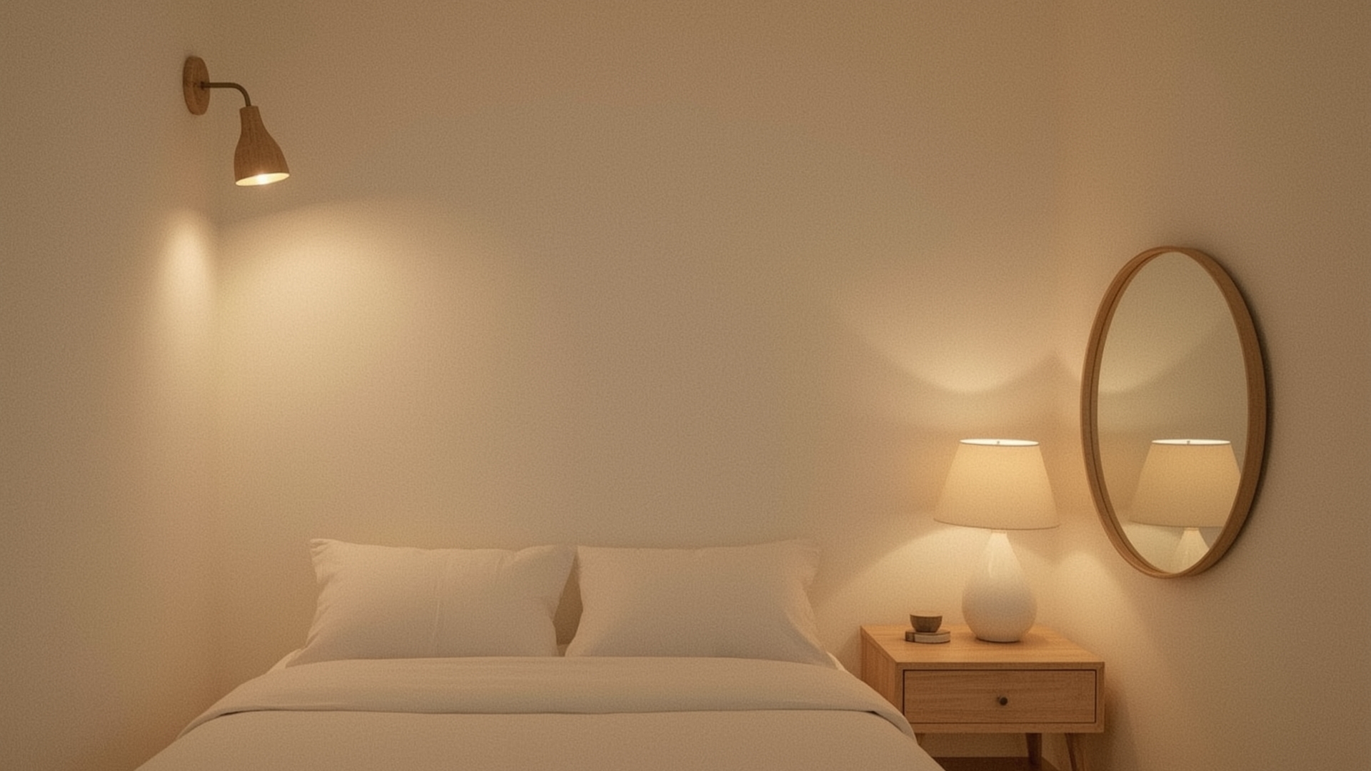 Small bedroom looking spacious with strategic uplighting mirror and multiple warm light sources