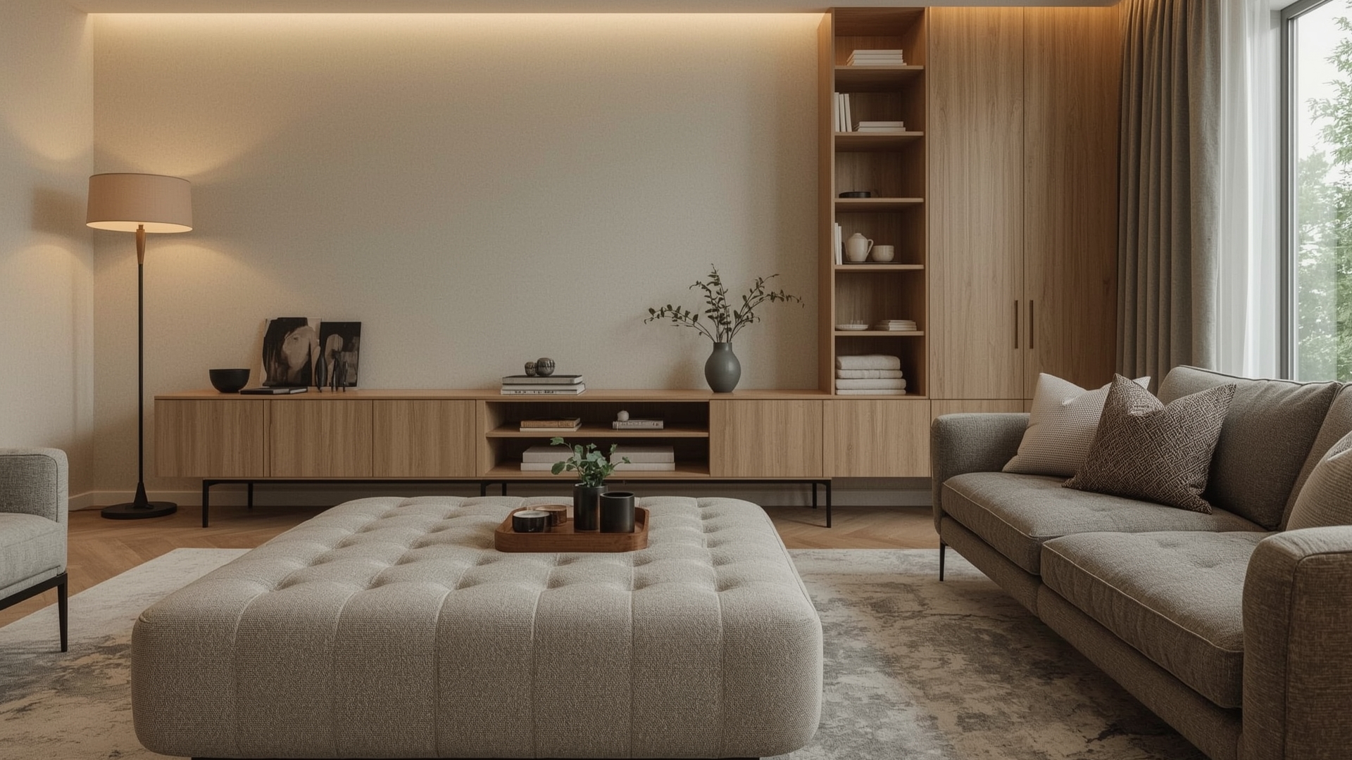 Small living room with storage ottoman coffee table and closed media console furniture