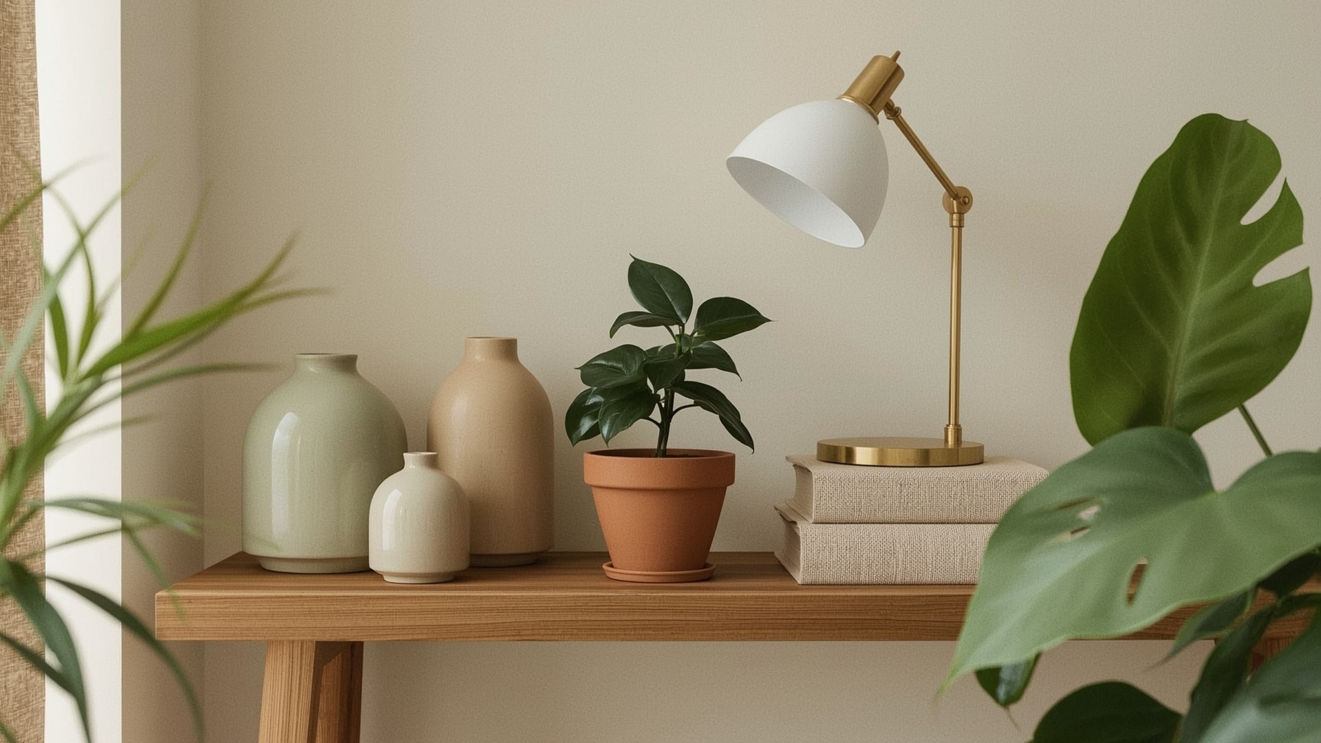 Styled thrift store ceramic vases and lamp on wooden shelf in warm home interior