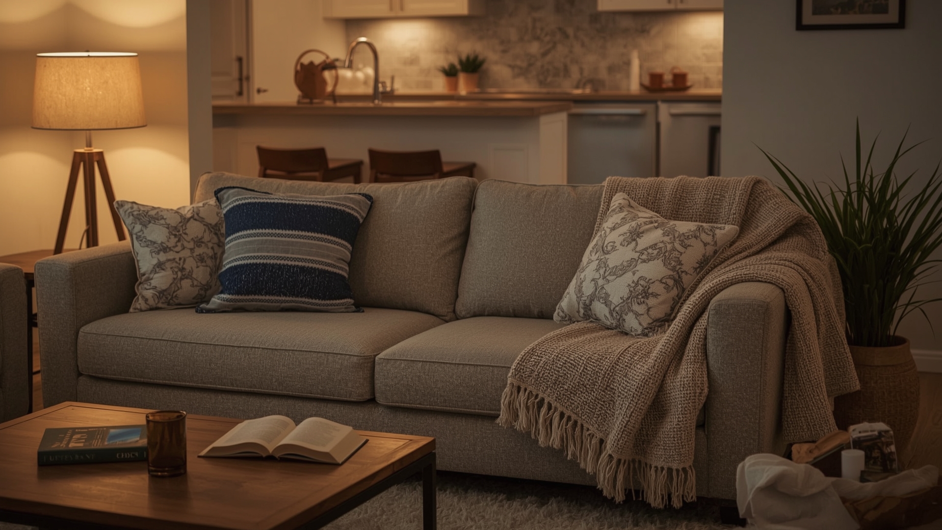 Tidy cozy living room during evening reset routine with clean kitchen in background