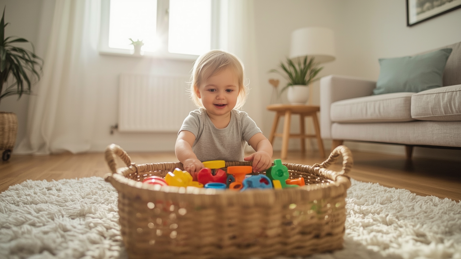 Toddler placing colorful toys into a basket as a first household chore