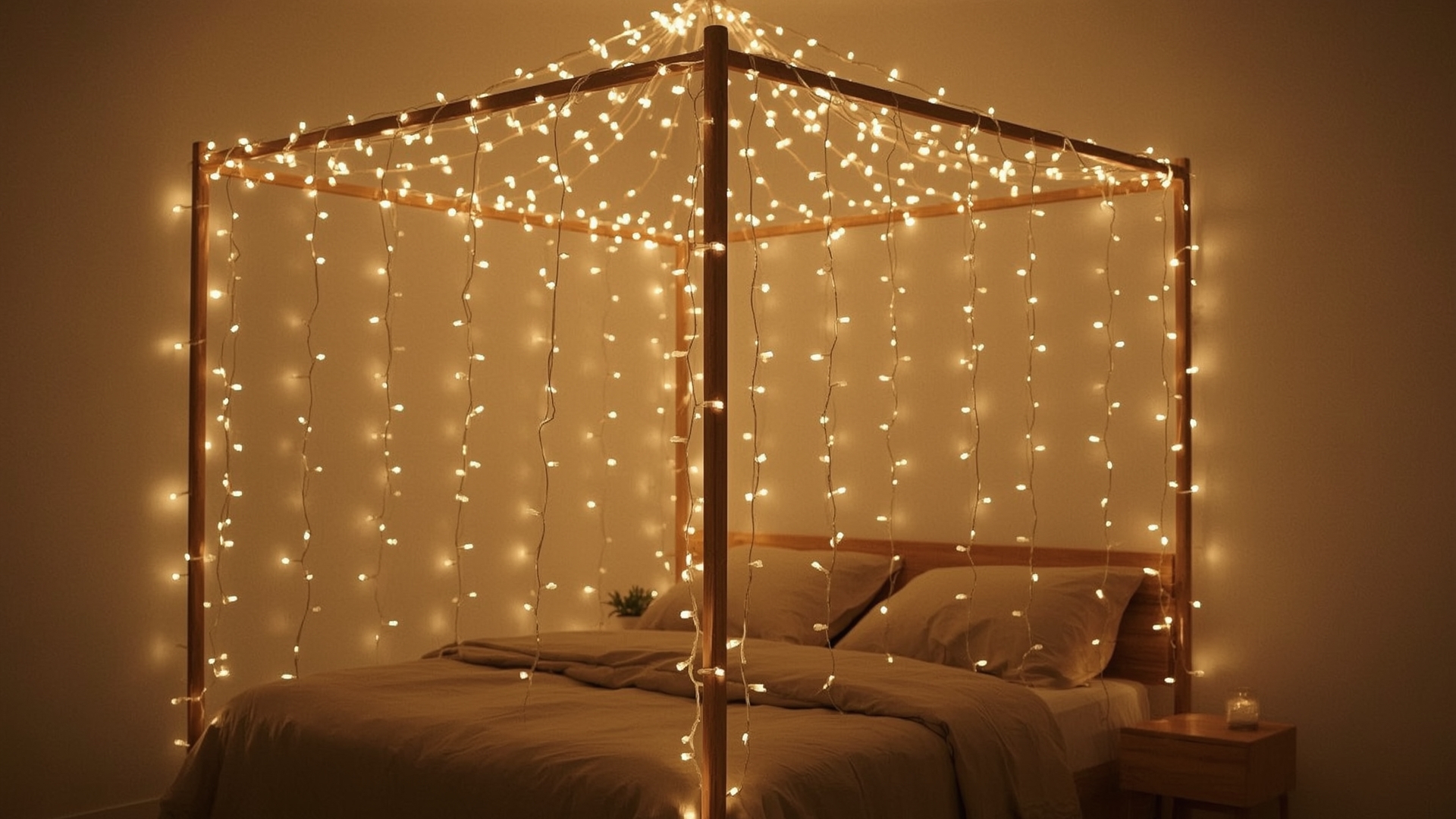 Warm white fairy string lights draped as canopy above bed in cozy bedroom