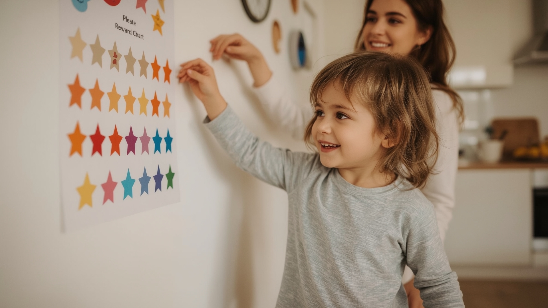 Young child placing reward sticker on colorful chore chart on kitchen wall