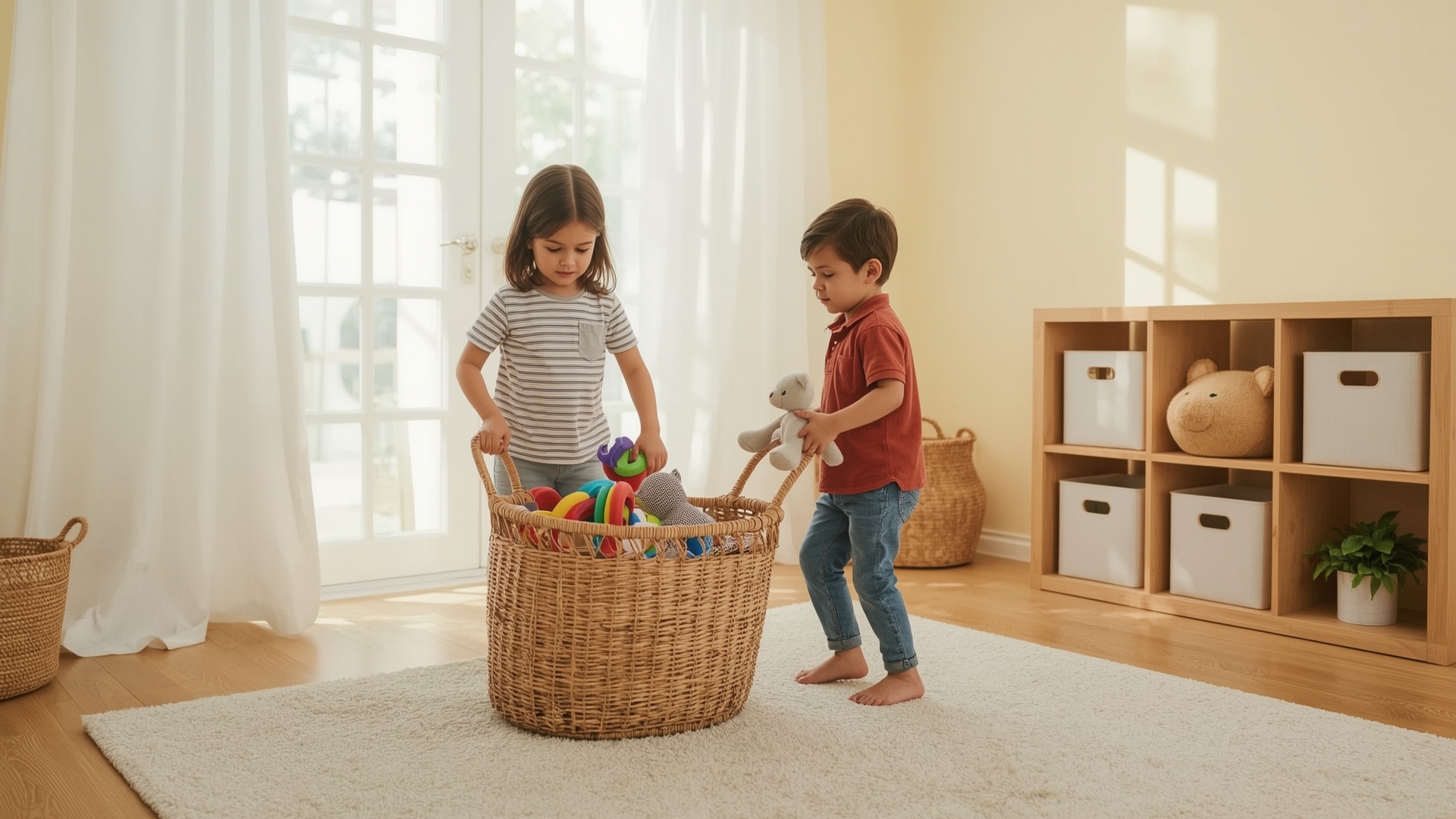 Young children putting toys in bins while helping with the daily cleaning routine