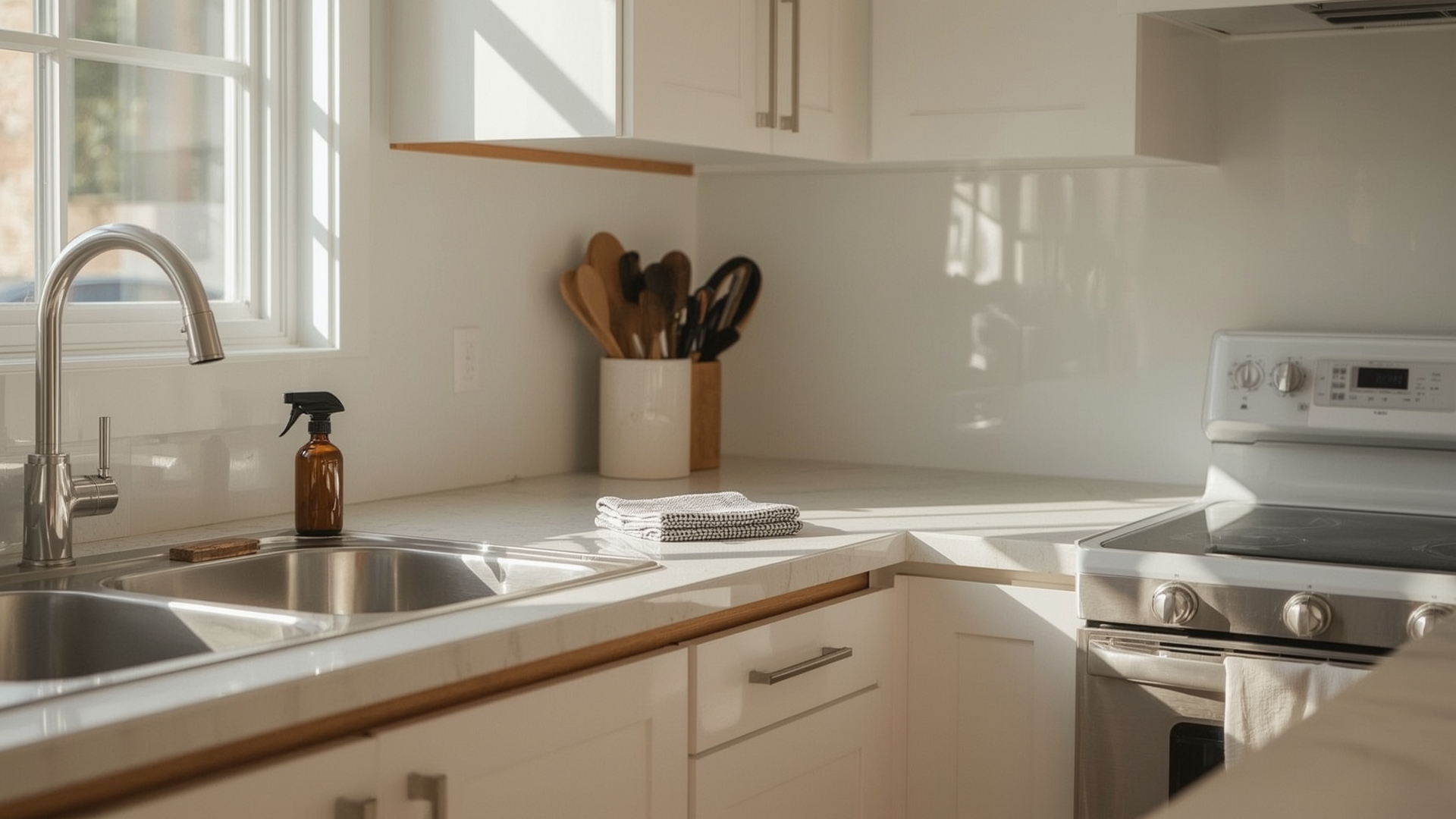 Bright clean modern kitchen with spotless countertops microfiber cloth and glass spray bottle