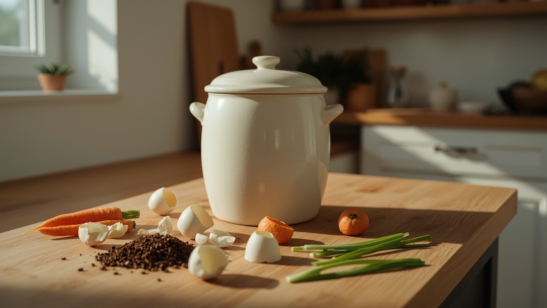 Ceramic countertop compost crock surrounded by vegetable scraps for zero waste kitchen composting system