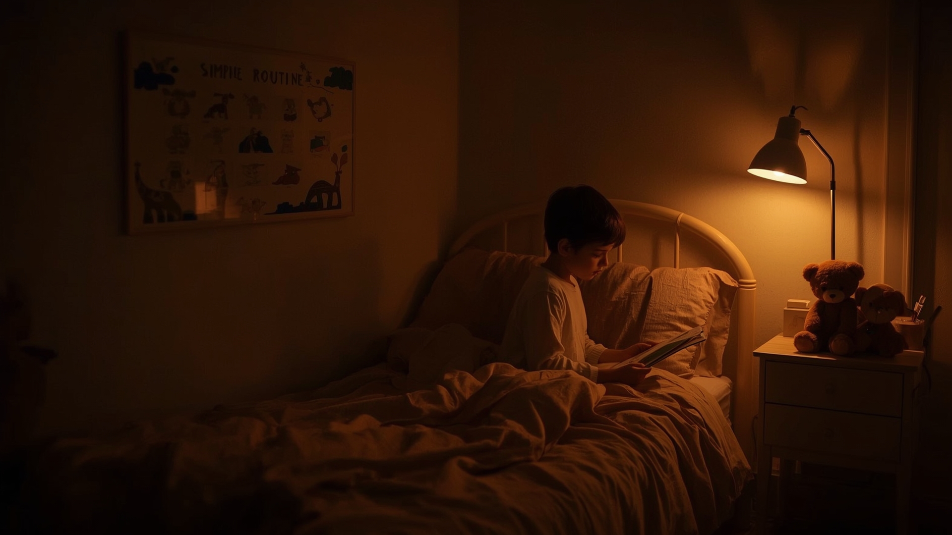 Child reading in cozy bedroom as part of a calm structured nightly bedtime routine