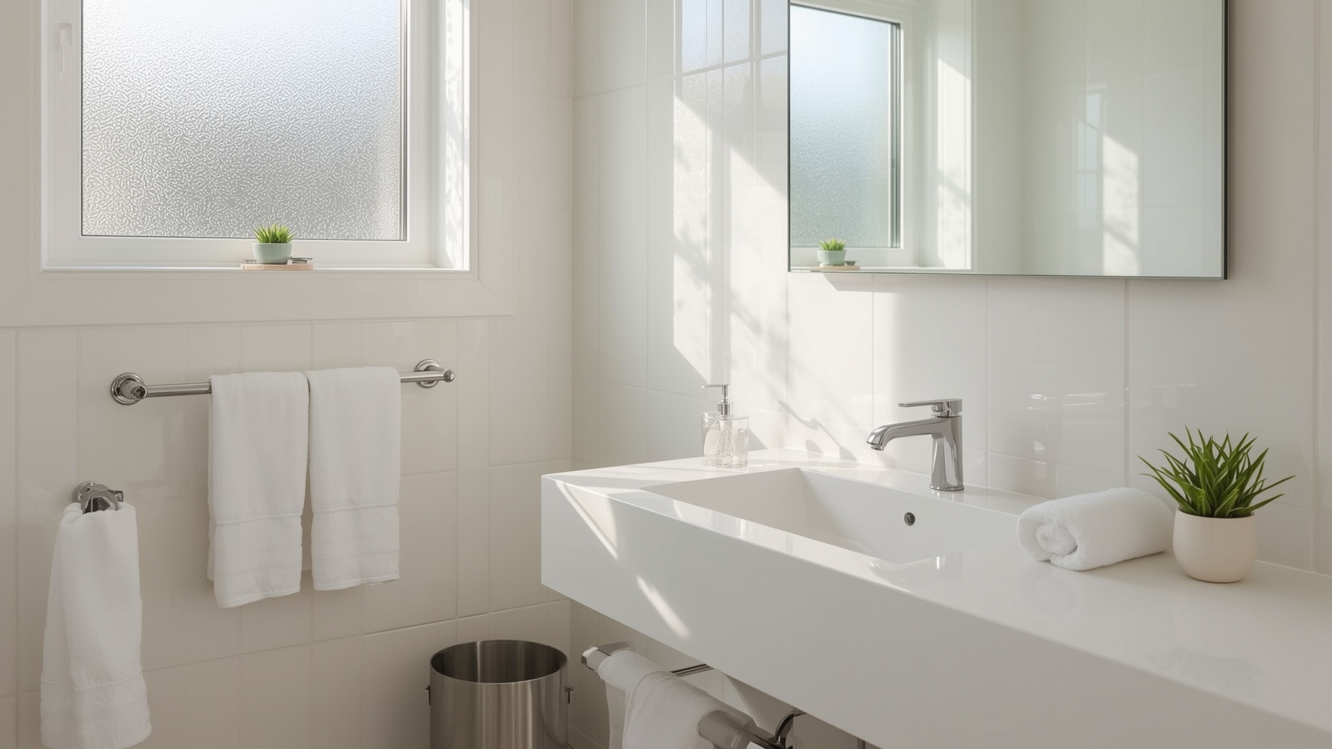 Clean bathroom with fresh towels and sparkling fixtures after weekly reset