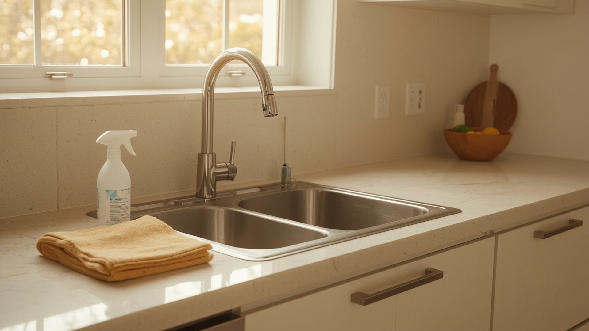 Clean modern kitchen countertops during a weekly home reset routine