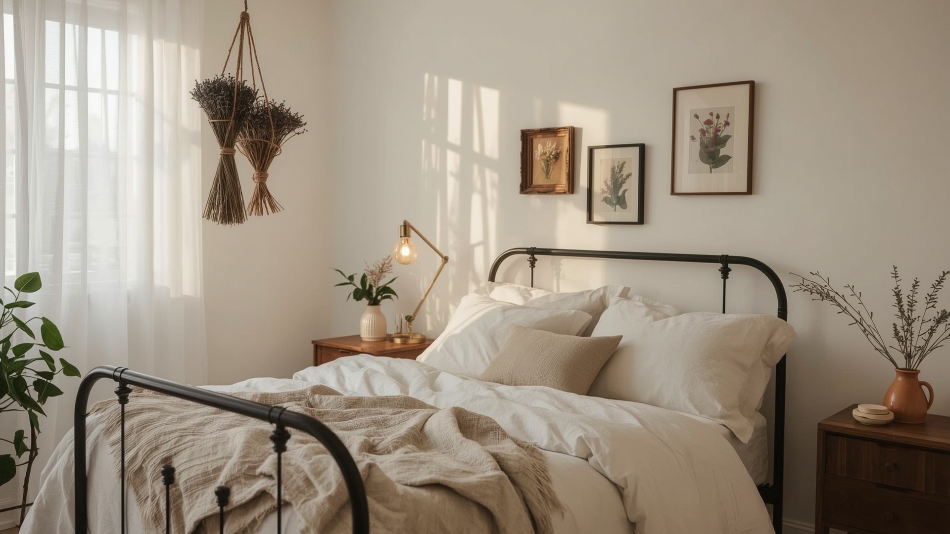 Cottagecore bedroom with linen bedding, dried lavender bundles, and sheer curtains