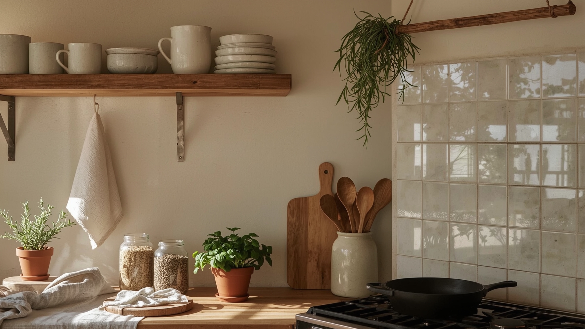 Cottagecore kitchen with open wooden shelves, hand-thrown ceramics, and herb pots on windowsill