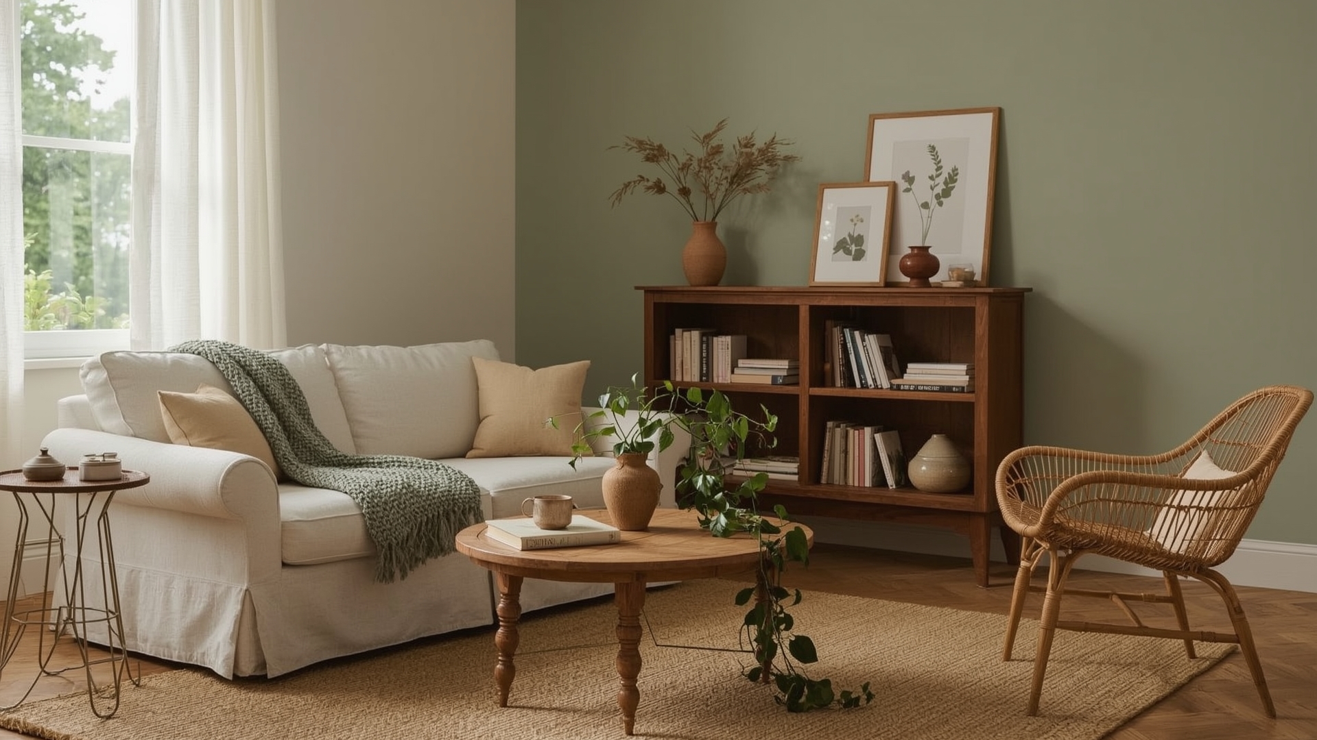 Cottagecore living room with linen sofa, rattan chair, and dried botanical arrangements
