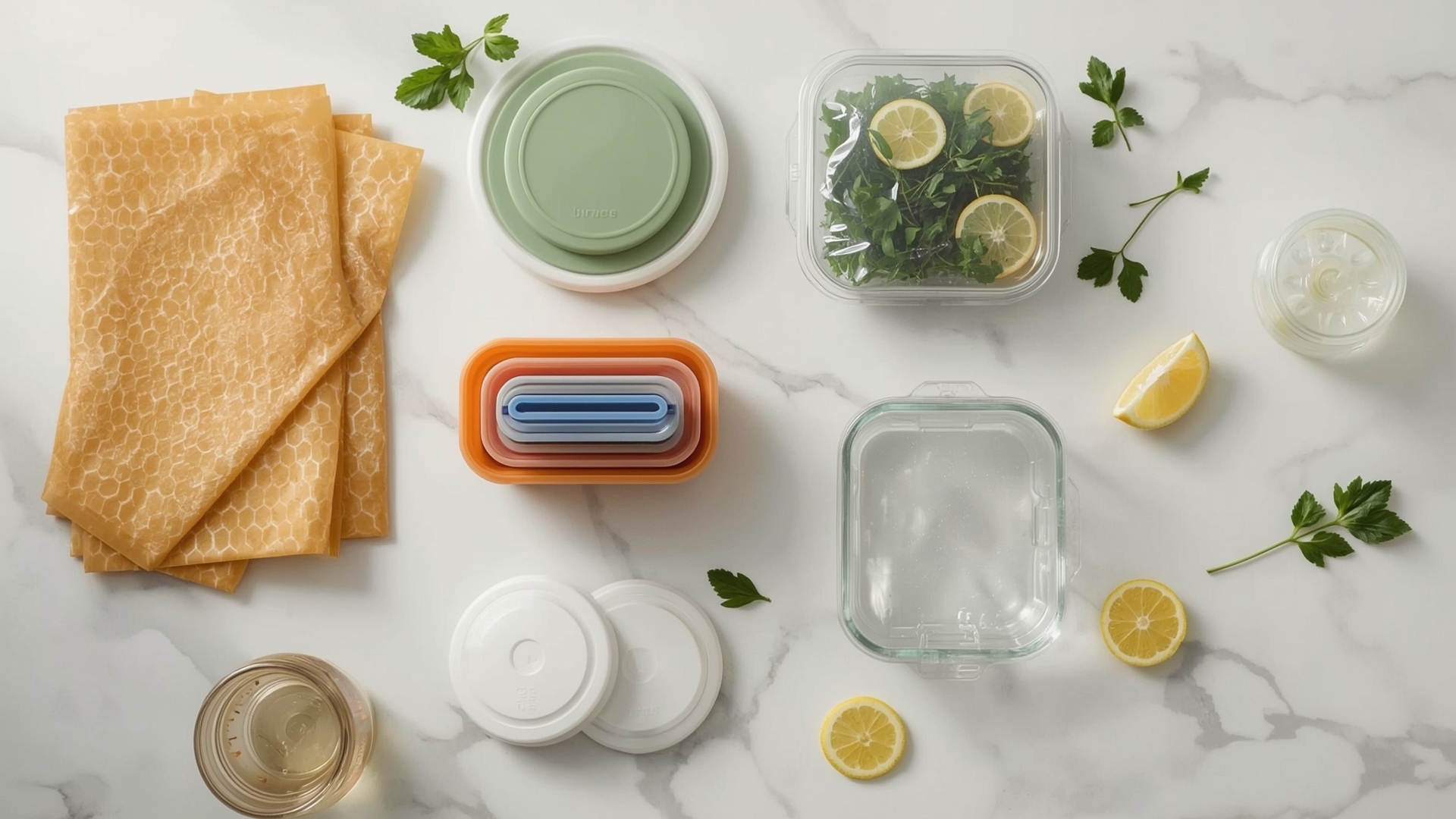 Eco-friendly beeswax wraps silicone lids and glass containers replacing single-use plastic kitchen storage