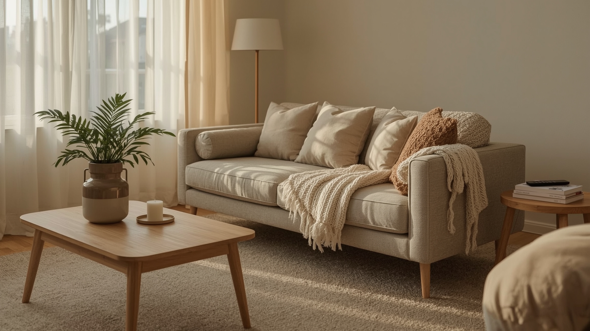 Freshly reset living room with fluffed cushions and cleared coffee table