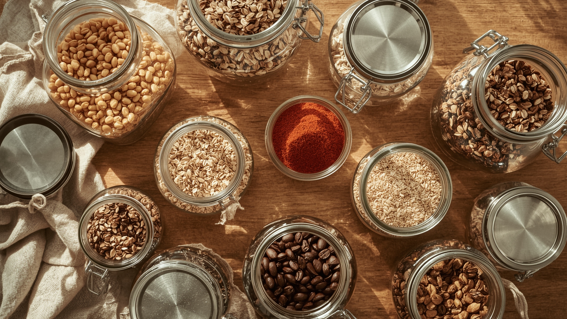 Glass jars filled with colorful dry goods and grains for zero waste kitchen organization