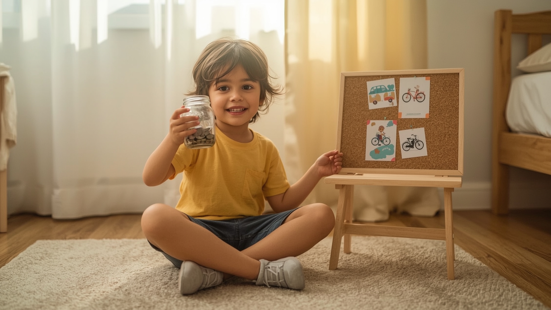 Happy child holding coin jar beside savings goal vision board in cozy bedroom setting