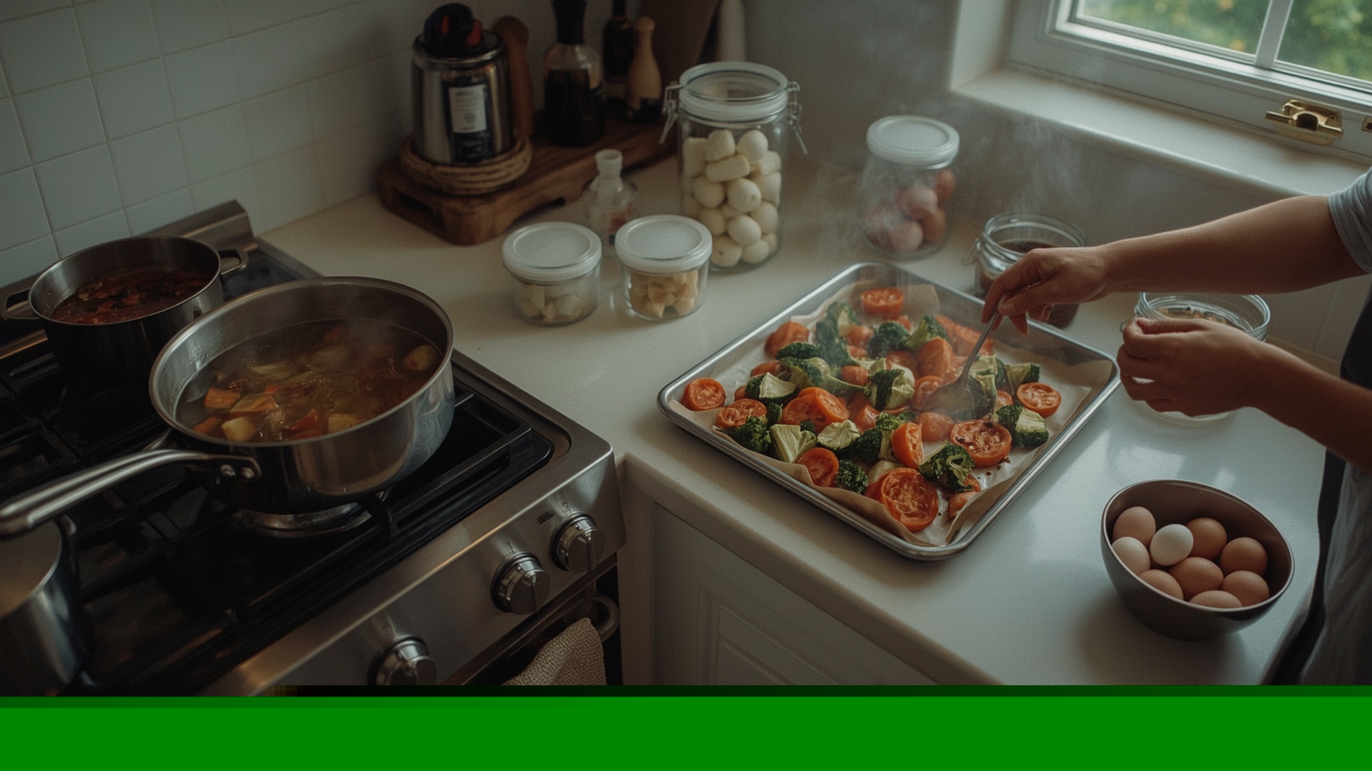 Home cook managing multiple pots and pans during a Sunday batch cooking session in bright kitchen
