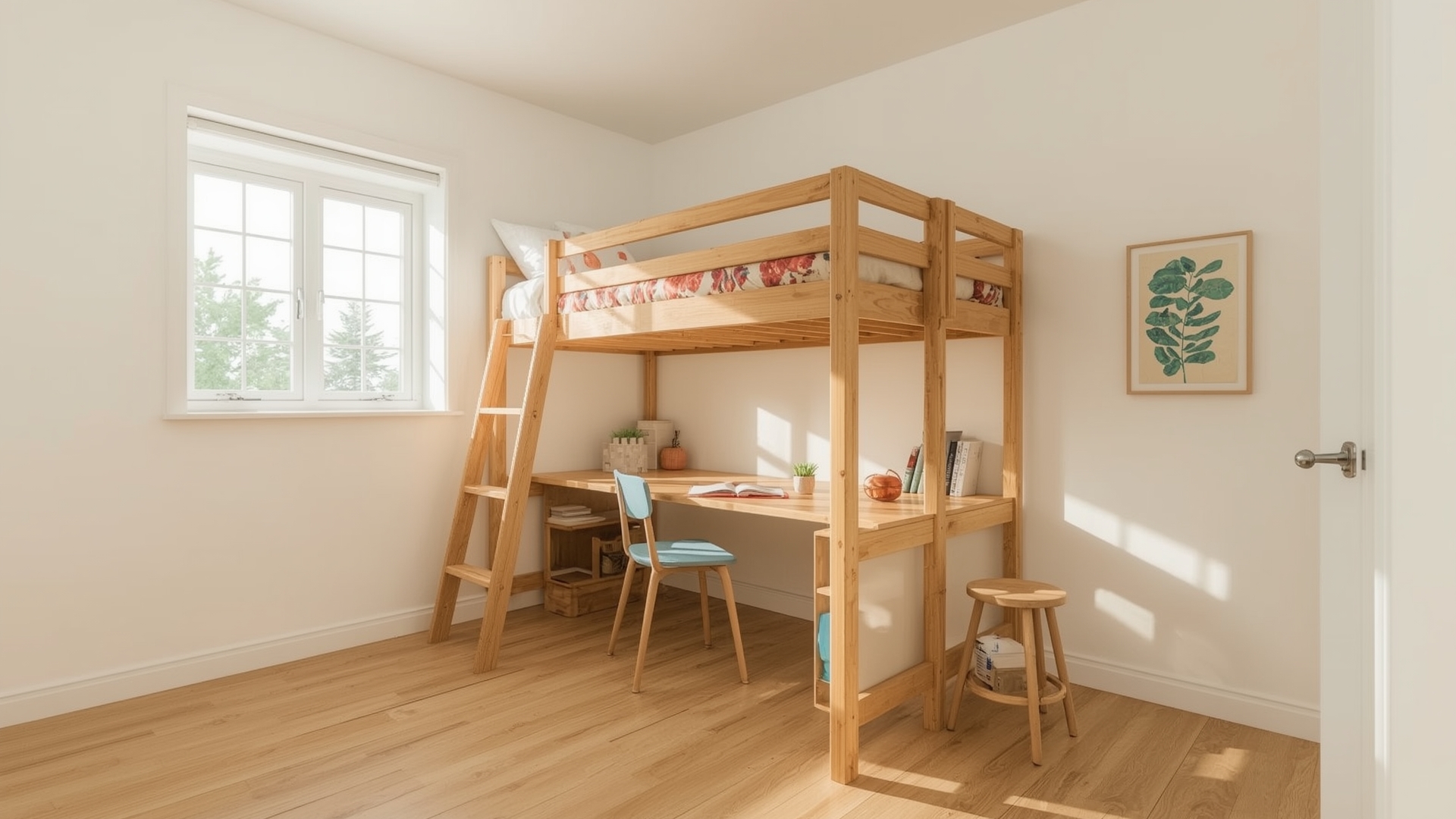 Loft bed with built-in desk underneath maximizing space in a small kids' bedroom
