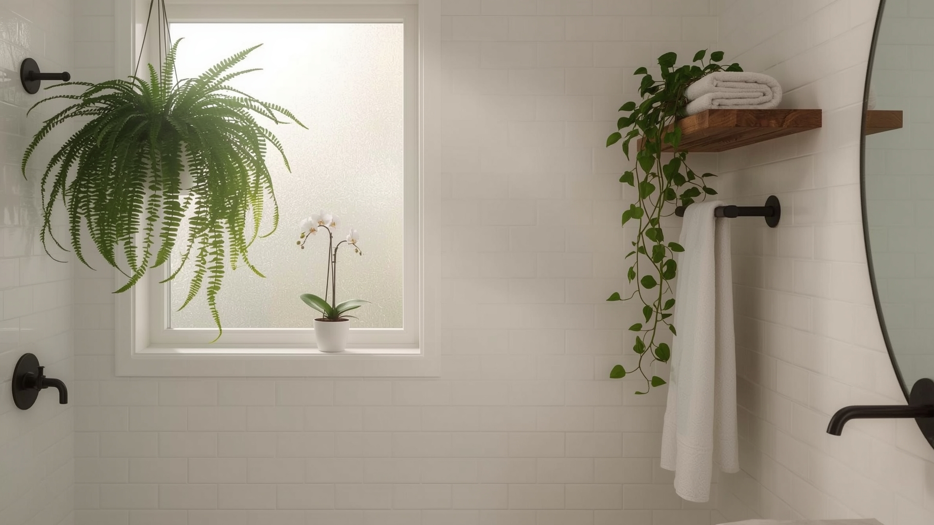 Lush bathroom with hanging Boston fern orchid and trailing pothos near frosted window