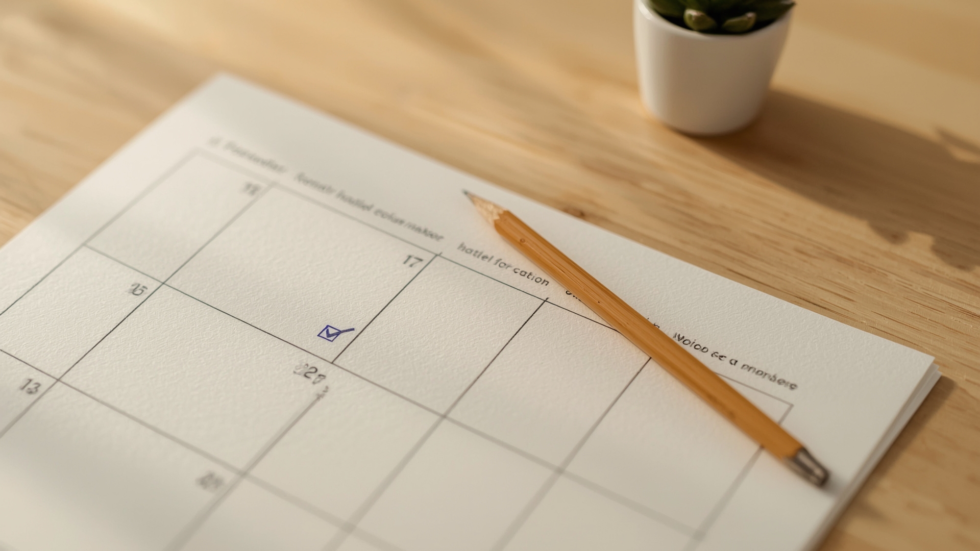 Macro shot of hand-drawn cleaning schedule calendar with checkmarks and wooden pencil on desk