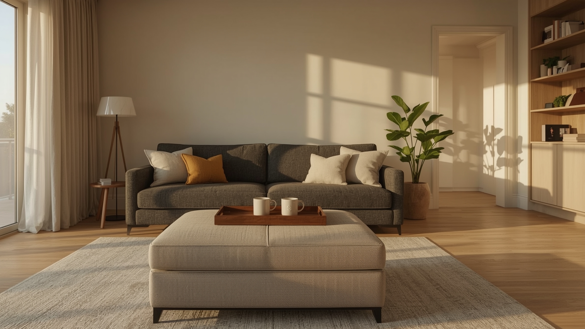 Multi-function furniture in a modern family living room with storage ottoman and sectional sofa