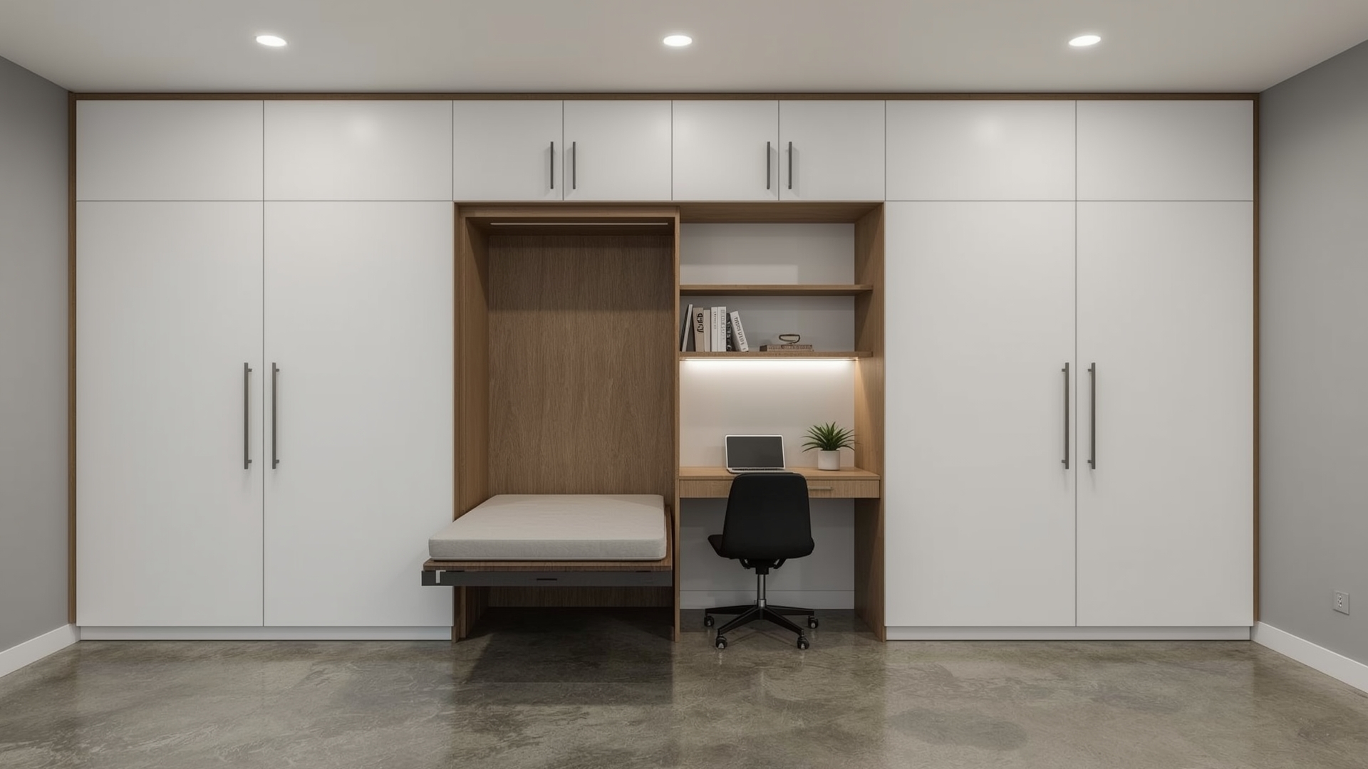 Murphy bed folded into wall cabinet revealing functional home office desk in dual-purpose room