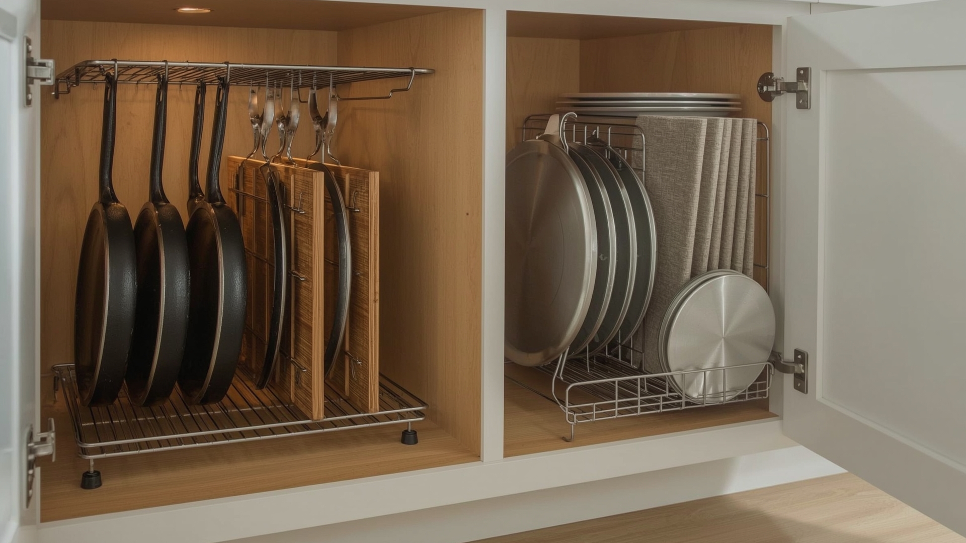 Open deep base kitchen cabinet with pull-out shelves holding vertical pan and lid organizers
