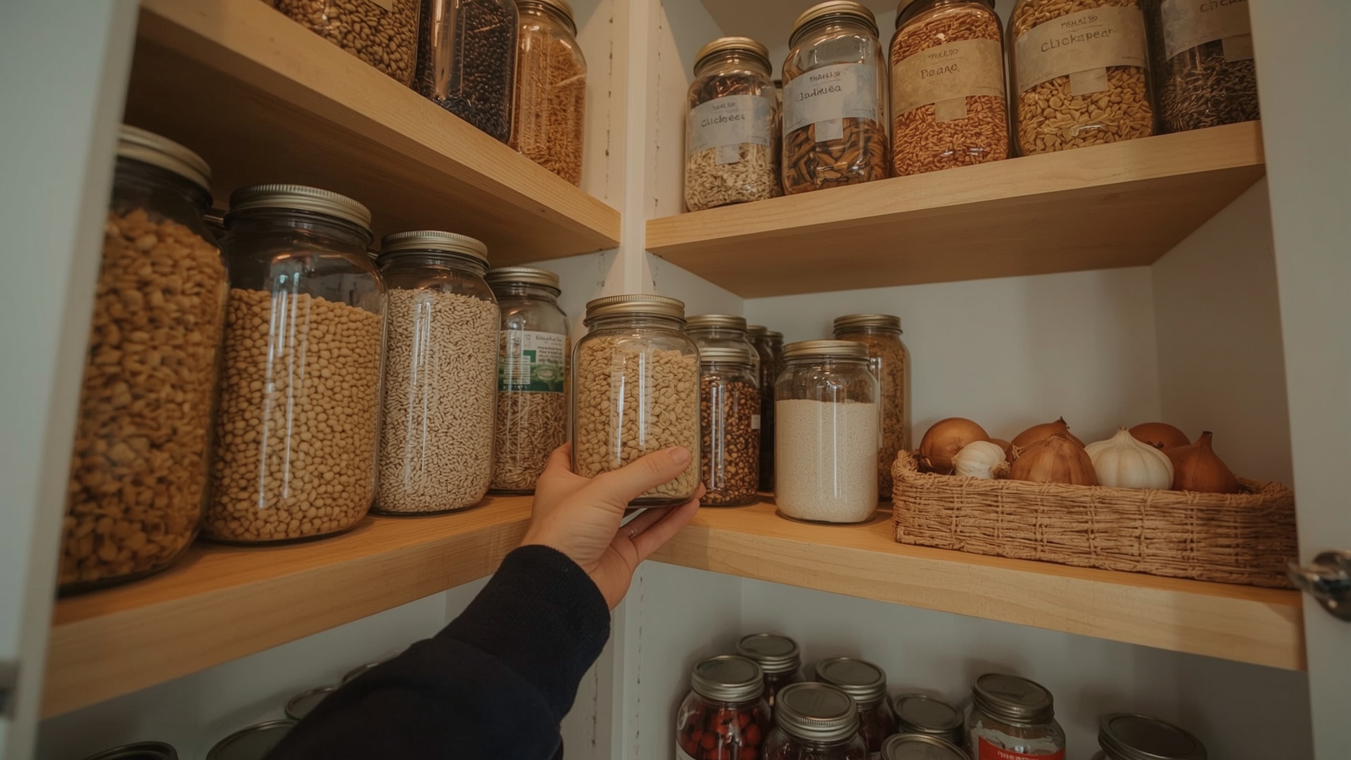 Organized home pantry shelves with glass jars of grains legumes and canned goods neatly arranged