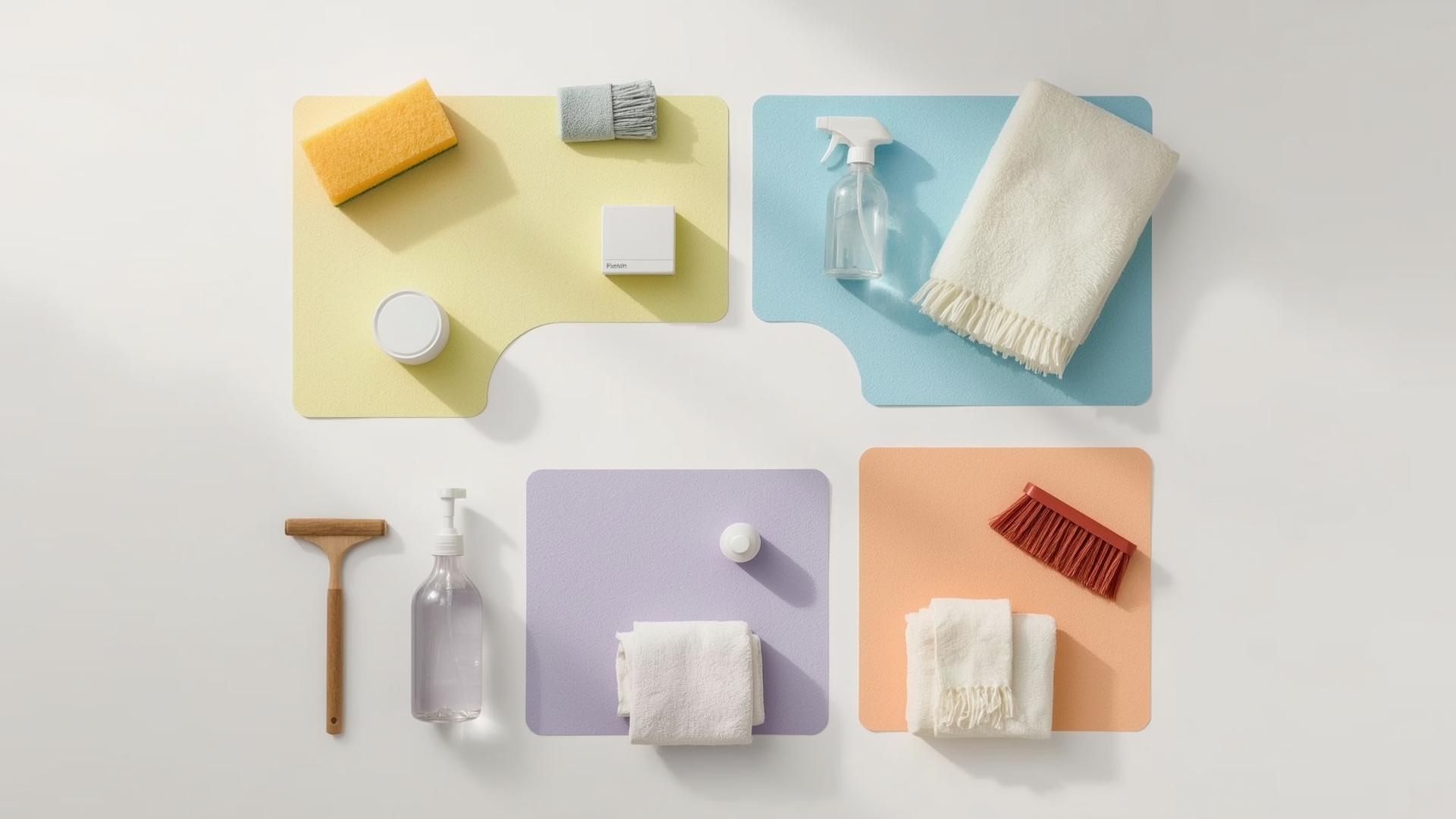 Overhead flat lay of color-coded home cleaning zone supplies organized by room category