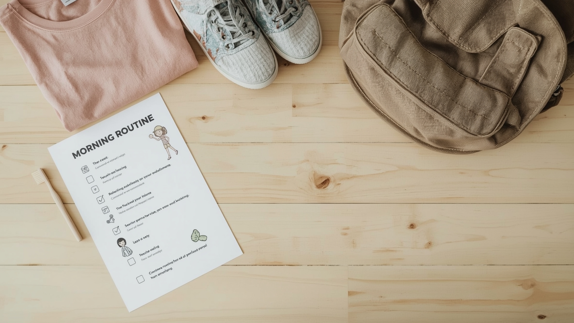 Overhead flat lay of morning routine chart items including toothbrush backpack and breakfast bowl
