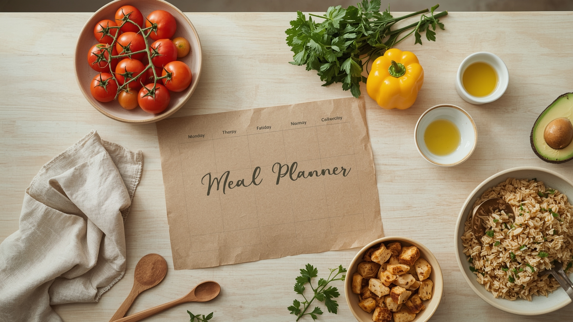Overhead flat lay of weekly meal plan surrounded by fresh colorful ingredients on wooden table