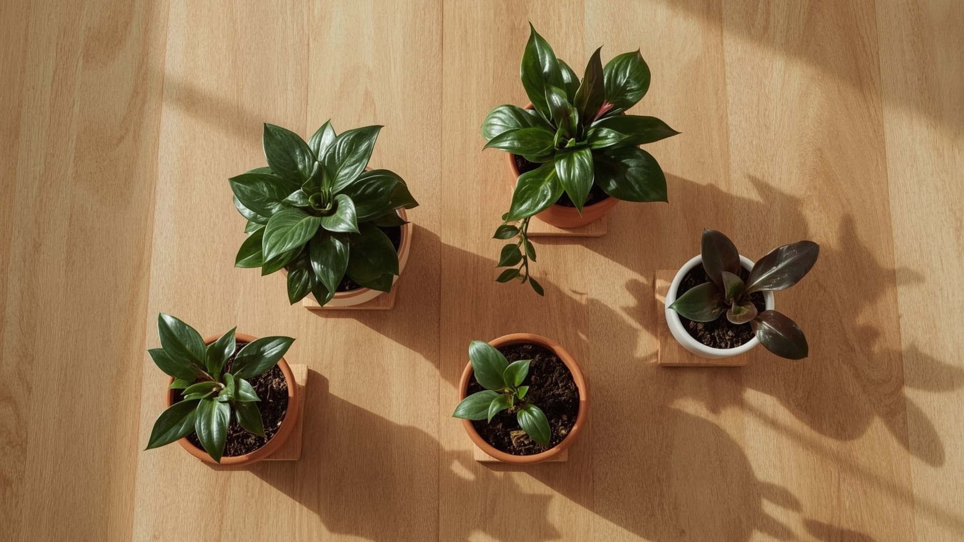 Overhead styled grouping of five indoor plants in terracotta and white ceramic pots on oak surface