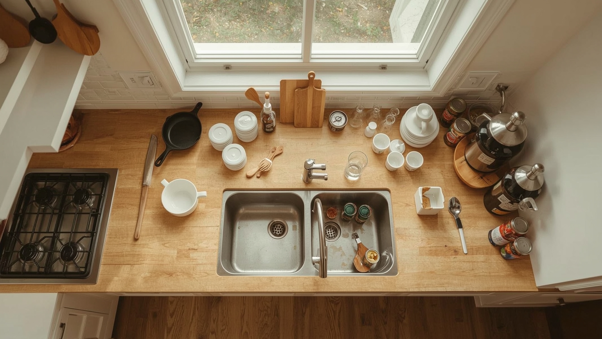 Overhead view of kitchen organized into four functional zones with grouped cooking tools