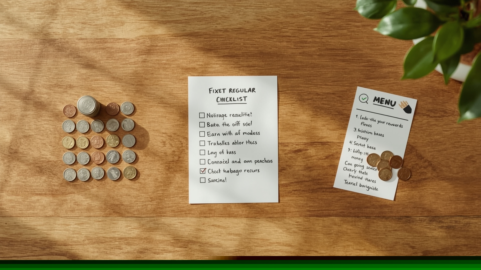 Overhead view of three money organization systems representing kids allowance models on wooden table
