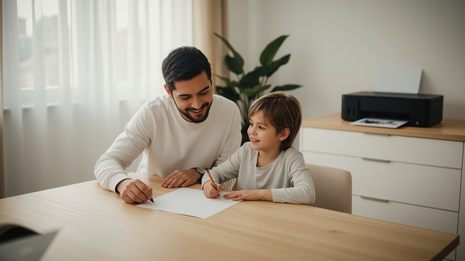 Parent and child collaborating over a printed chore chart at kitchen table