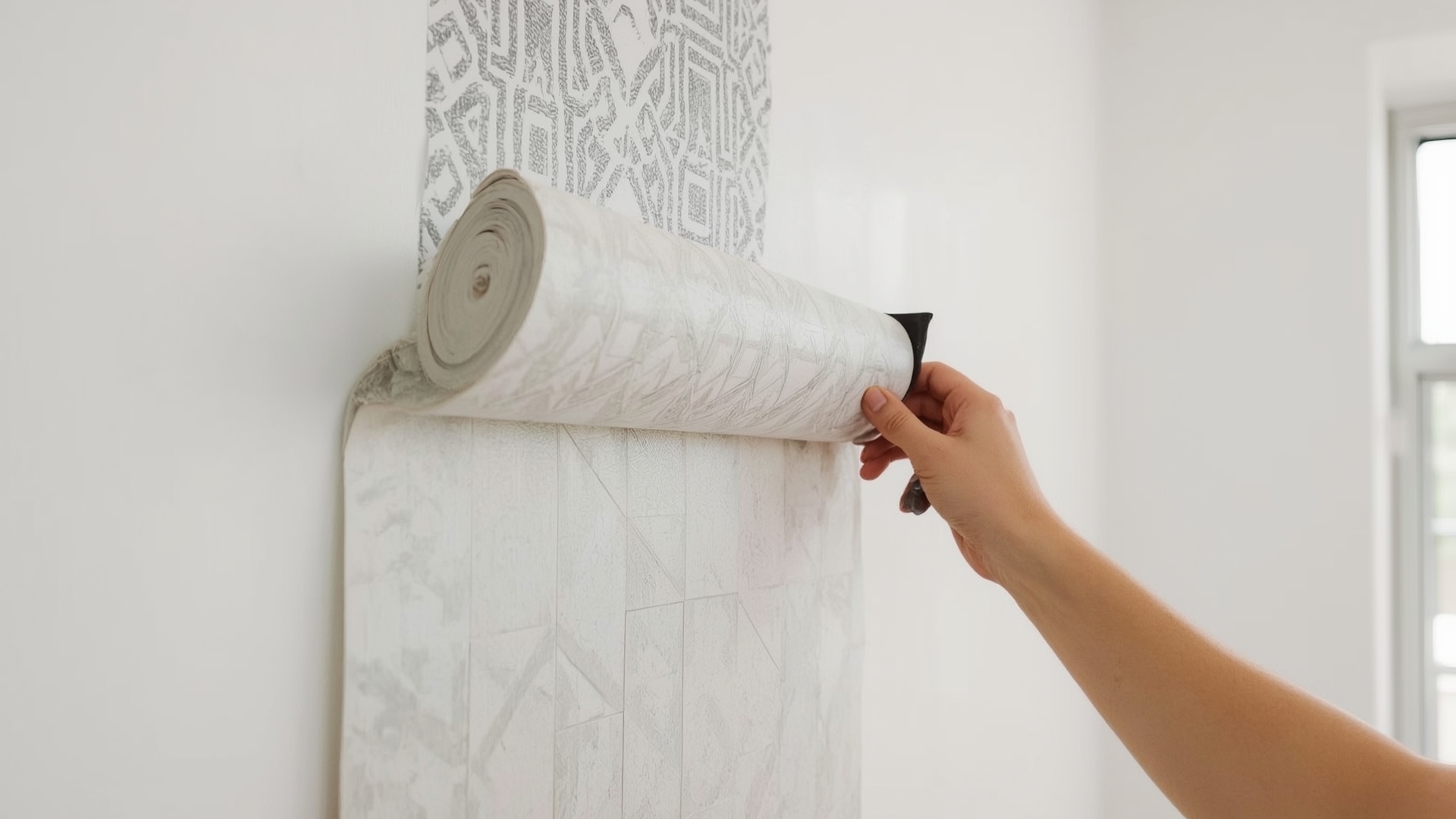 Person smoothing peel and stick wallpaper panel onto apartment wall with tool