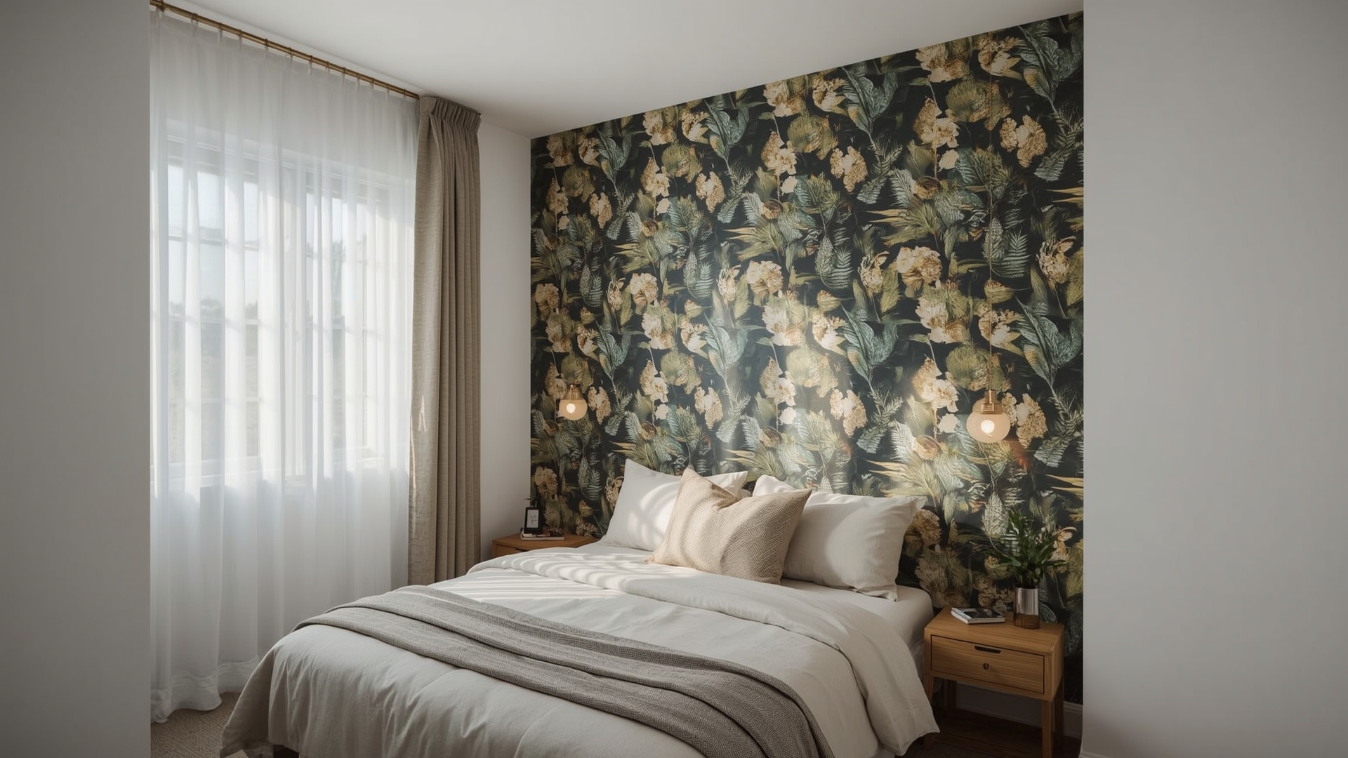 Rental bedroom with botanical peel and stick wallpaper accent wall behind bed