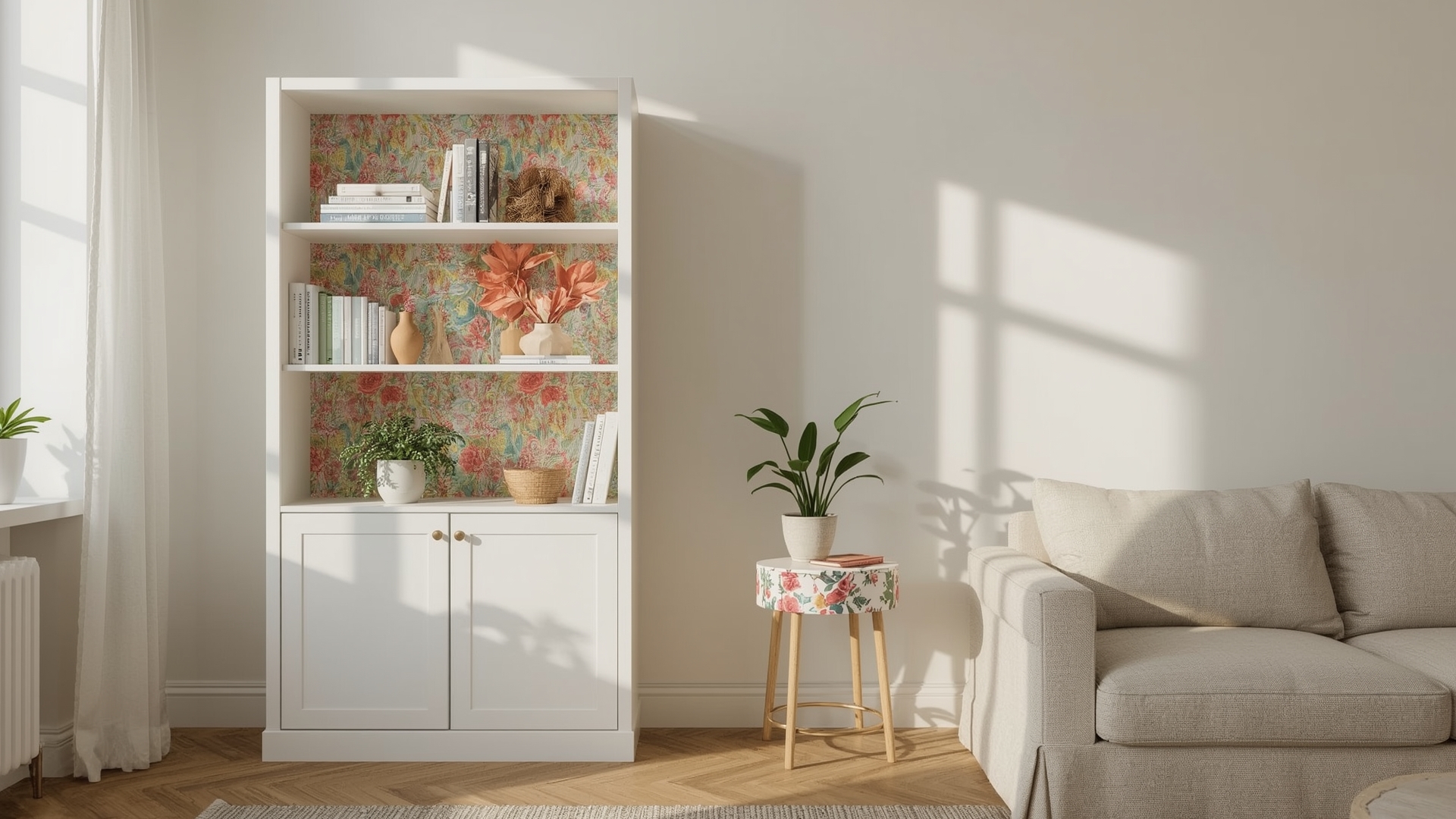 Rental living room bookcase with peel and stick wallpaper lining the back interior