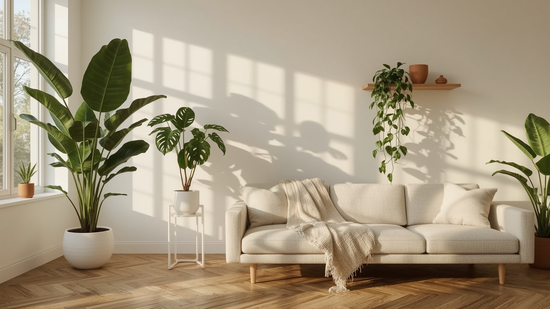 Styled living room with fiddle-leaf fig monstera and trailing pothos near large windows