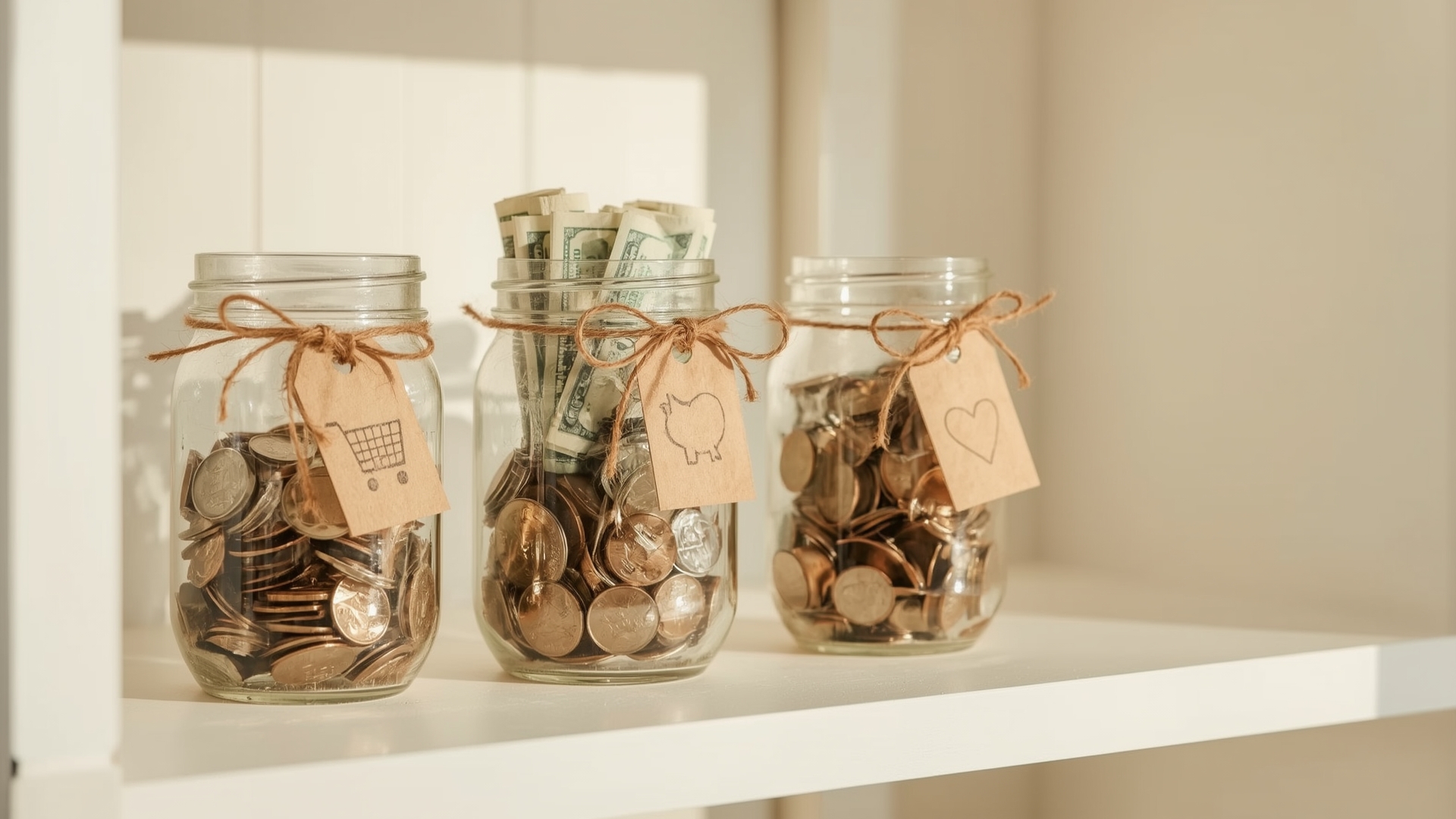 Three glass jars filled with coins representing kids allowance spend save and give system